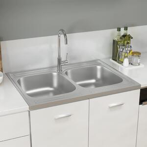 Kitchen Sink with Double Basins Silver 800x600x155 mm Stainless Steel