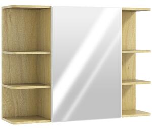 HOMCOM Bathroom Mirror Cabinet with Open Storage Shelves - Natural Wood Finish