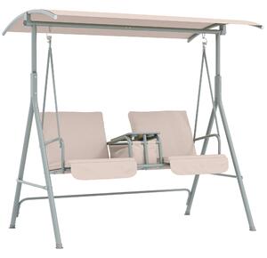 Outsunny 2 Seater Garden Swing Chair Patio Rocking Bench w/ Tilting Canopy, Double Padded Seats, Storage Bag and Tray, Beige