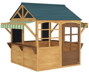 AIYAPLAY Wooden Playhouse for Kids, Foldable Wendy House with Windows, Working Door, Service Stations, Rain Covers, Brown