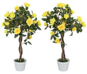 Outsunny Set of 2 Artificial Plants White Rose Floral in Pot, Fake Plants for Home Indoor Outdoor Decor, 90cm, Yellow