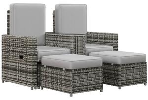 Outsunny Rattan Sun Lounger w/ Storage Tea Table & Footstools, Grey