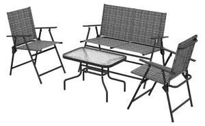 Outsunny 4 Pcs Patio Furniture Set w/ Breathable Mesh Fabric Seat, Backrest, Garden Set w/ Foldable Armchairs, Loveseat, Glass Top Table, Mixed Grey