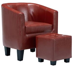 Tub Chair with Footstool Wine Red Faux Leather