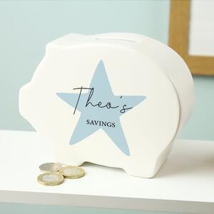 Personalised Star Piggy Bank Blue White