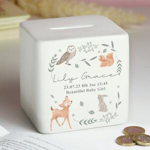 Personalised Woodland Animals Ceramic Square Money Box White