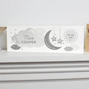Personalised New Baby Moon and Stars Wooden Block Nursery Sign White