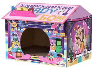 PawHut 2 in 1 Gaming Style Cardboard Cat House with Scratching Board & Catnip for Indoor Cats, Pink