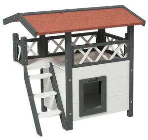 PawHut Cat House Outdoor w/ Balcony Stairs Roof, 77 x 50 x 73 cm, White