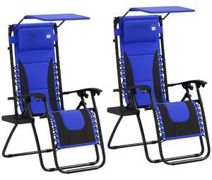Outsunny Zero Gravity Lounger Chair Set of 2, Folding Reclining Patio Chair with Shade Cover, Soft Cushion and Headrest for Poolside, Camping, Blue