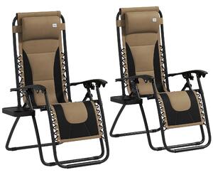 Outsunny Foldable Reclining Garden Chair Set of 2, Zero Gravity Chairs with Padded Seat, Cup Holder, Adjustable Backrest, Pillow, Coffee