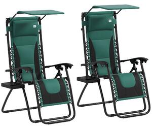 Outsunny Zero Gravity Lounger Chair Set of 2, Folding Reclining Patio Chair with Shade Cover, Cushion and Headrest for Poolside, Camping, Green