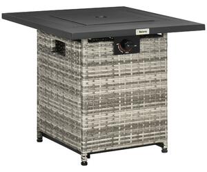Outsunny Outdoor PE Rattan Gas Fire Pit Table, Patio Square Propane Heater with Rain Cover, Mesh Lid and Lava Stone, 40,000 BTU, Mixed Grey