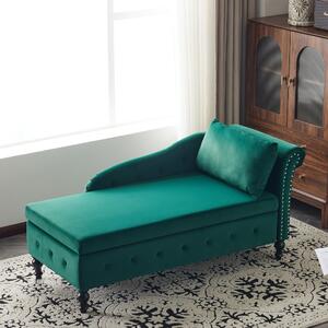 Modern Velvet Upholstered Chaise Lounge Sofa with Storage, Pillow, Nailhead-Trim, Button-Tufted Lounge Chair, 144L x 62W x 69H cm, Green Aosom.UK