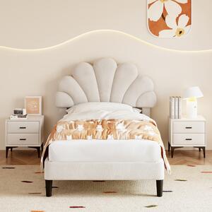 3FT Velvet Upholstered Single Bed Frame with Adjustable Petal Headboard, No Box Spring Needed, Easy Assembly, 194L x 107W x 107H cm, Beige Aosom.UK