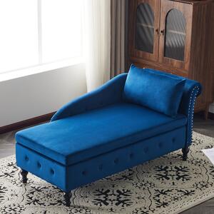 Modern Velvet Upholstered Chaise Lounge Sofa with Storage, Pillow, Nailhead-Trim, Button-Tufted Lounge Chair, 144L x 62W x 69H cm, Blue Aosom.UK