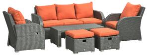 Outsunny 6pc Outdoor Rattan Wicker Furniture Set with 3-Seat Sofa, 2 Single Sofas, 2 Footstools and Coffee Table