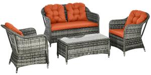 Outsunny Four-Piece Rattan Sofa Set, with Glass-Top Table - Orange