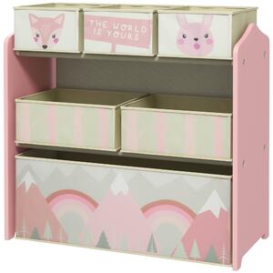 ZONEKIZ Children's Toy Storage Unit with 6 Fabric Bins, Bedroom and Nursery Organiser, 63 x 30 x 66cm, Pink