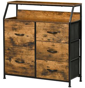 HOMCOM Bedroom Chest of Drawers, Industrial 5 Fabric Drawer Dresser with Open Shelf for Living Room, Rustic Brown