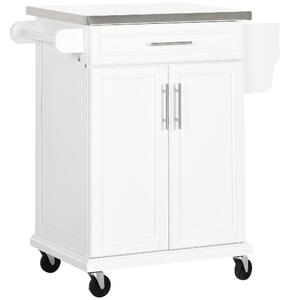 HOMCOM White Wooden Freestanding Kitchen Island on Wheels, Serving Cart Storage Trolley with Stainless Steel Top, Drawer, Side Handle and Rack