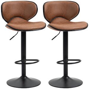 HOMCOM Bar Stool Set of 2 Microfiber Cloth Adjustable Height Armless Chairs with Swivel Seat, Brown