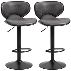HOMCOM Bar Stool Set of 2 Microfiber Cloth Adjustable Height Armless Chairs with Swivel Seat, Dark Grey