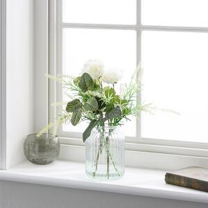 Artificial Cream Ranunculus Bouquet in Ribbed Glass Vase Cream