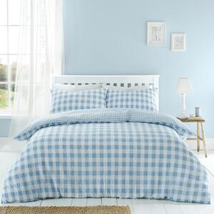 Seersucker Gingham Check Blue Duvet Cover and Pillowcase Set Blue