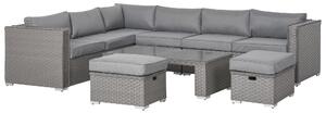 Outsunny 8-Seater PE Rattan Garden Corner Sofa Set Outdoor Wicker Conservatory Furniture Coffee Table Footstool, Grey