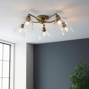 Endon 97248 Hansen 5 Light Flush Ceiling Light In Antique Brass With Clear Glass