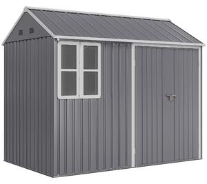 Outsunny 8 x 6 ft Galvanised Garden Shed, Outsoor Metal Storage Shed with Double Doors Window Air Vents for Patio, Lawn, Grey Aosom UK