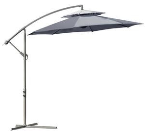 Outsunny 2.7m Garden Banana Parasol Cantilever Umbrella with Crank Handle, Double Tier Canopy and Cross Base, Hanging Sun Shade, Grey Aosom UK