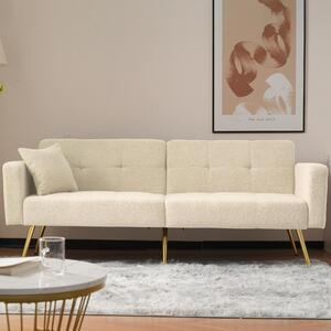 Sherpa Convertible Sofa Bed with 2 Side Pockets, Adjustable Backrest, Golden Legs, Elegant Loveseat for Bedroom, 176L x 64W x 75H cm, Beige Aosom.UK