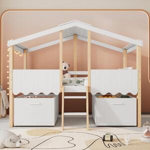 Kids Bed with 2 Wheeled Storage Boxes, Safety Guardrail, Roof Design, Bunk Bed for Children's Room, 196L x 98W x 158.5H cm, White+Natural Aosom.UK