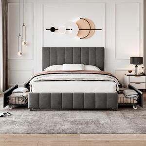 Velvet Upholstered Double Bed with 4 Storage Drawers and Adjustable Channel Tufted Headboard, Easy Assembly, 196L x 143W x 108H cm, Grey Aosom.UK