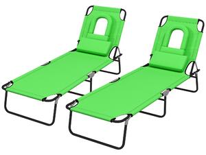 Outsunny Outdoor Foldable Sun Lounger Set of 2, 4 Level Adjustable Backrest Reclining Sun Lounger Chair with Pillow and Reading Hole, Green
