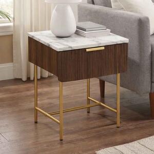 Kinder Marble Top Side Table With 1 Drawer In Dark Walnut And Gold
