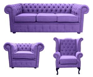 Chesterfield 3 Seater + Club Chair + Queen anne chair Verity Purple Fabric Sofa Suite