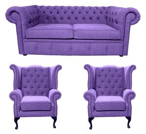 Chesterfield Original 2 Seater + 2 x Queen Anne Chairs Verity Purple Fabric Sofa Suite