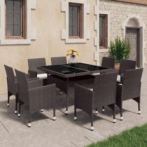 9 Piece Garden Dining Set Poly Rattan and Tempered Glass Brown
