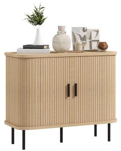 HOMCOM Mid-Century Modern Sideboard Storage Cabinet with Slatted Tambour Sliding Doors, Kitchen Cabinet with Steel Legs, Oak Tone Aosom UK