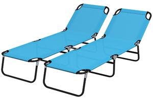 Outsunny Foldable Sun Lounger Set of 2 with 5-Position Adjustable Backrest, Outdoor Portable Recliner Chaise Lounge Chair with Breathable Mesh Fabric, Sky Blue