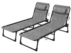 Outsunny Portable Sun Lounger Set of 2, Folding Camping Bed Cot, Reclining Lounge Chair 5-position Adjustable Backrest with Side Pocket, Pillow for Patio Garden Beach Pool, Mixed Grey