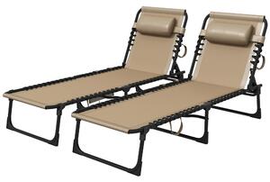 Outsunny Portable Sun Lounger Set of 2, Folding Camping Bed Cot, Reclining Lounge Chair 5-position Adjustable Backrest with Side Pocket, Pillow for Patio Garden Beach Pool, Beige