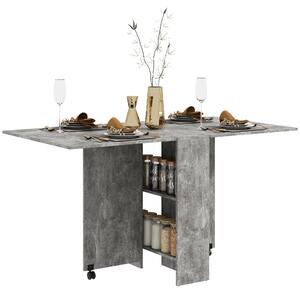 HOMCOM Folding Kitchen Table, Drop Leaf Dining Table for Small Spaces w/ 2-tier Shelves, Kitchen Table w/ Rolling Casters, Cement Grey Aosom UK