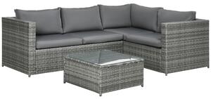 Outsunny 3 Pieces Rattan Garden Furniture 4 Seater Outdoor Patio Corner Sofa Chair Set with Coffee Table Thick Cushions Grey