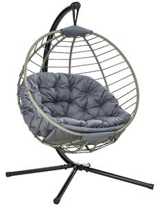 Outsunny PE Rattan Swing Chair, Outdoor Hanging Chair with Metal Stand, Thick Padded Cushion, Foldable Basket and Cup Holder, for Indoor Outdoor Grey