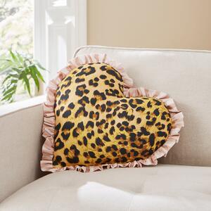 Heart Shaped Leopard Frill Cushion Brown