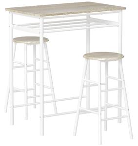 HOMCOM Bar Table and Stools w/ Metal Frame Footrest, Storage Shelf, Bar Table Set for Kitchen, Dining Room, Cafe, White & Oak Aosom UK